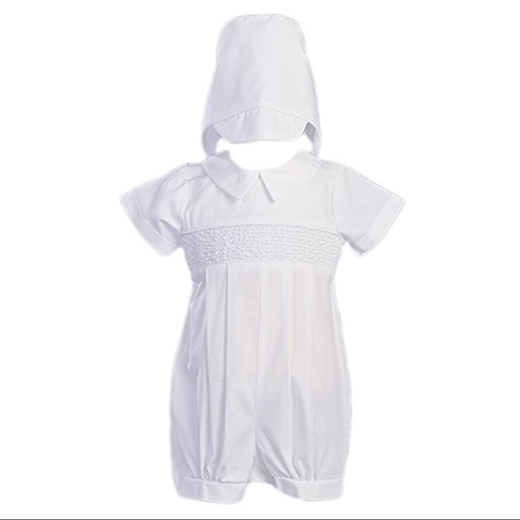 NWT Boutique Boys Smocked Christening Romper & Hat